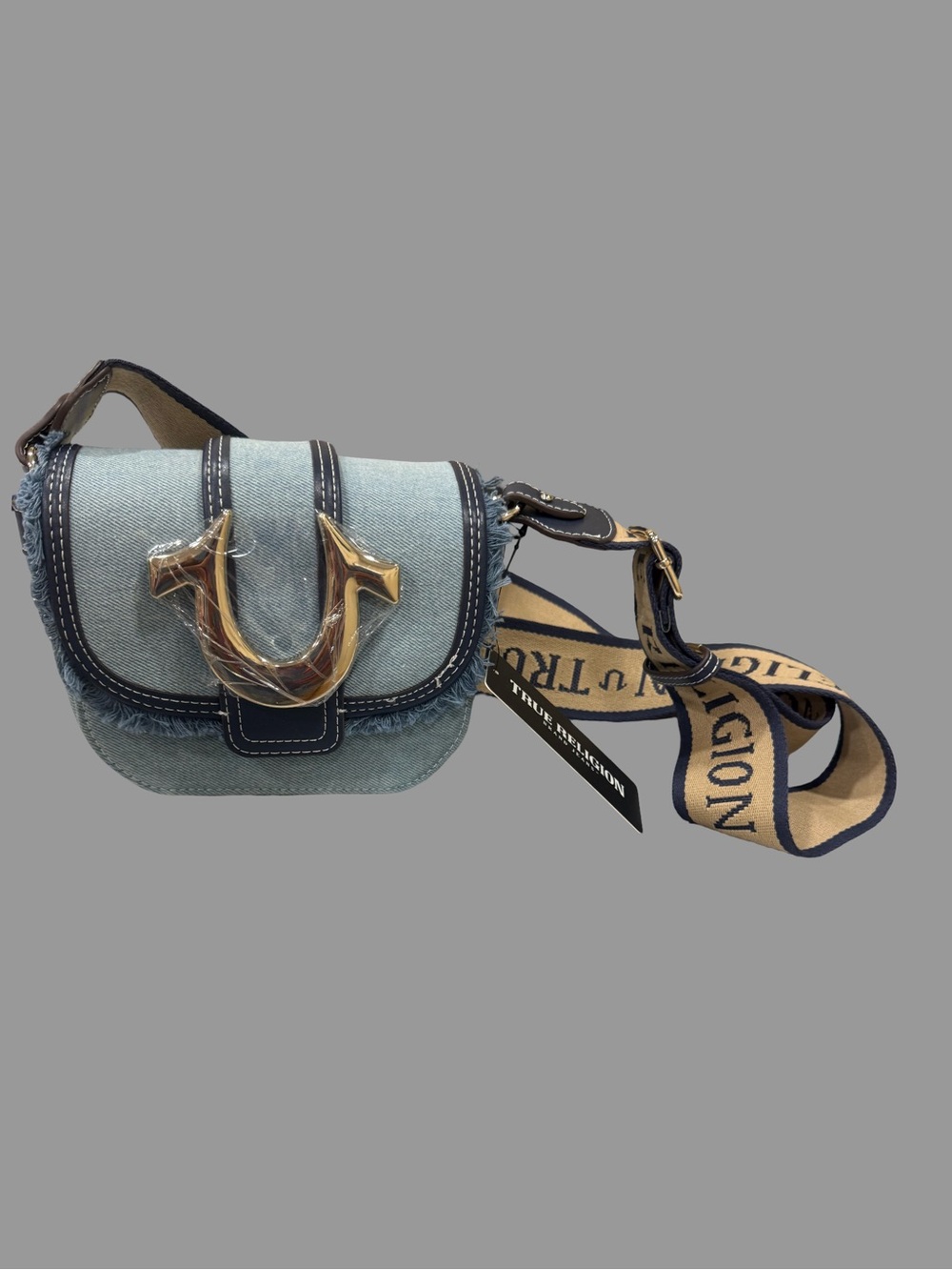 True Religion Denim Mini Crossbody with Navy Trim silver Horseshoe